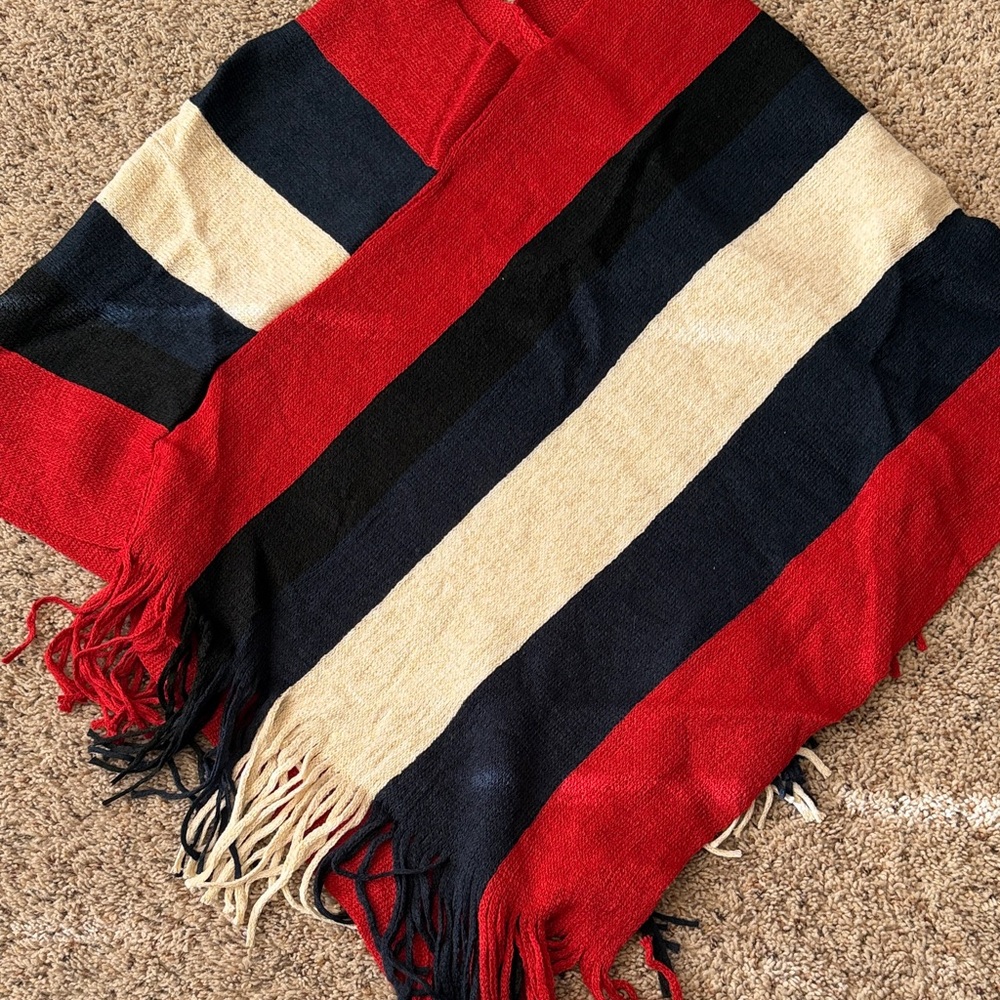 Striped Fringe Poncho Sweater - Red, Navy & Cream